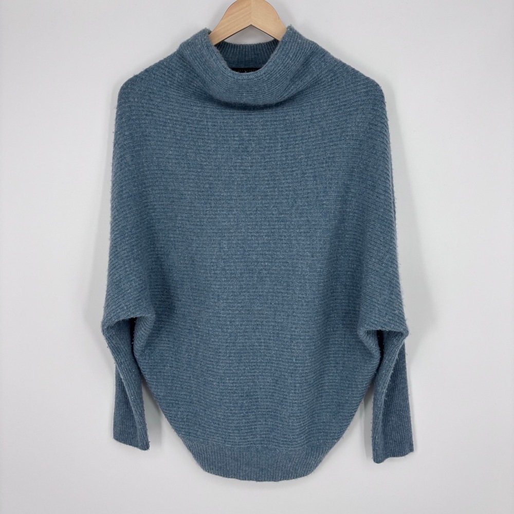 AllSaints Merino Wool Ridley Funnel Neck Sweater Womens Medium Blue Batwing Knit